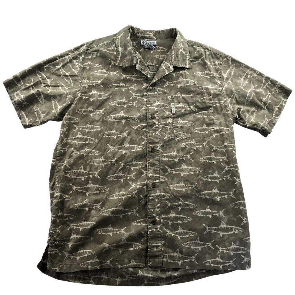 Columbia Mens Shirt Large Green Fish Print Button-Up Short Sleeve Casual Fishing